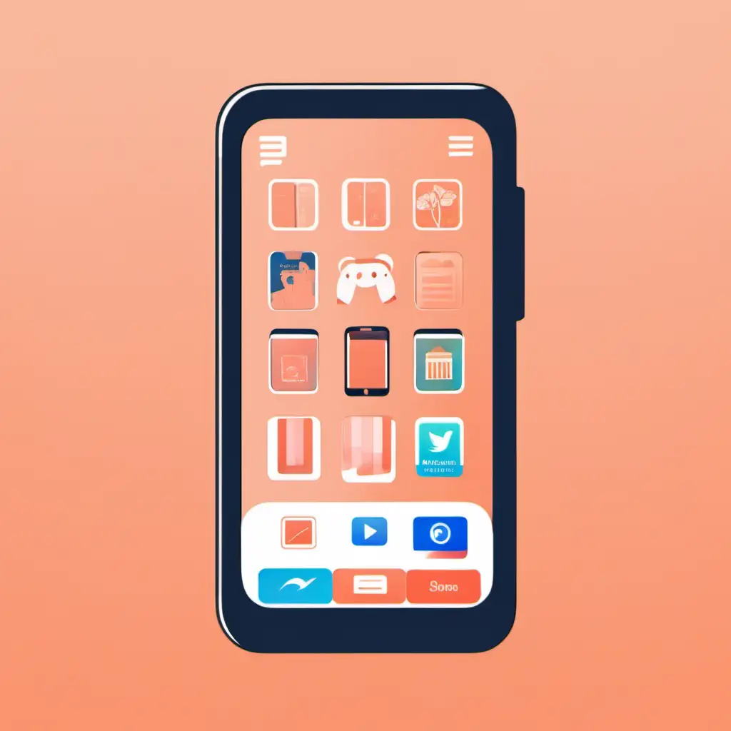 Willian Santiago's style illustration of a mobile phone screen and app store with different apps. With peach background colors