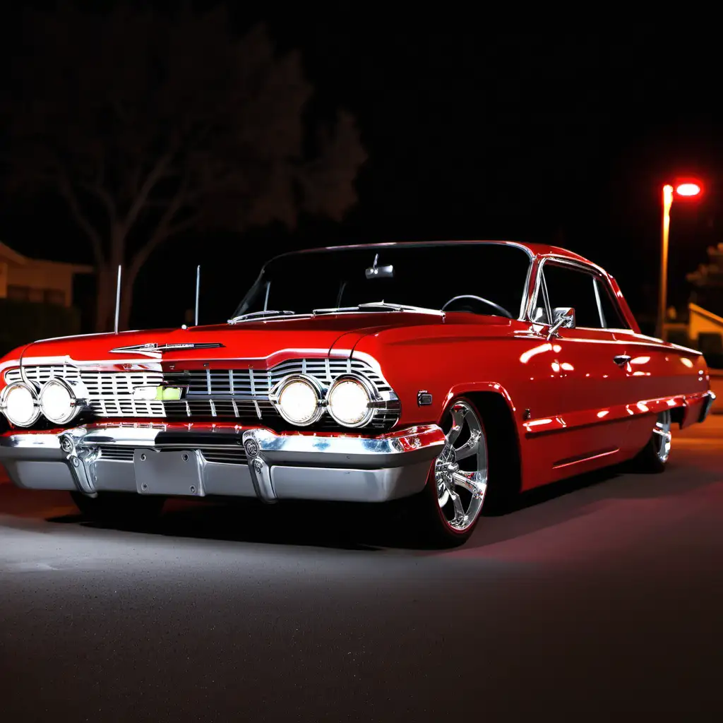 Classic 1963 Chevrolet SS Impala in Striking Red Parked Under City Lights
