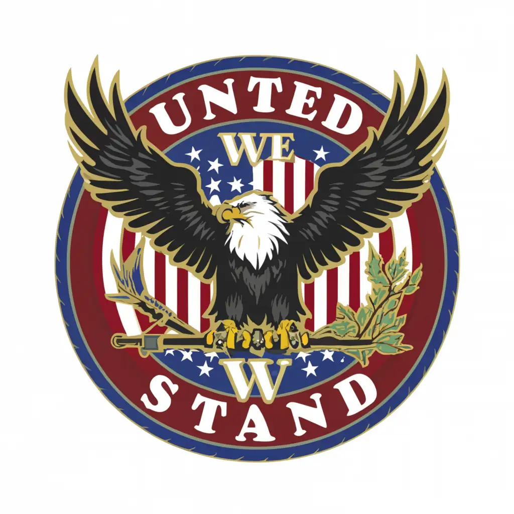 a logo design,with the text "United we stand", main symbol:American eagle holding a rifle,Moderate,clear background