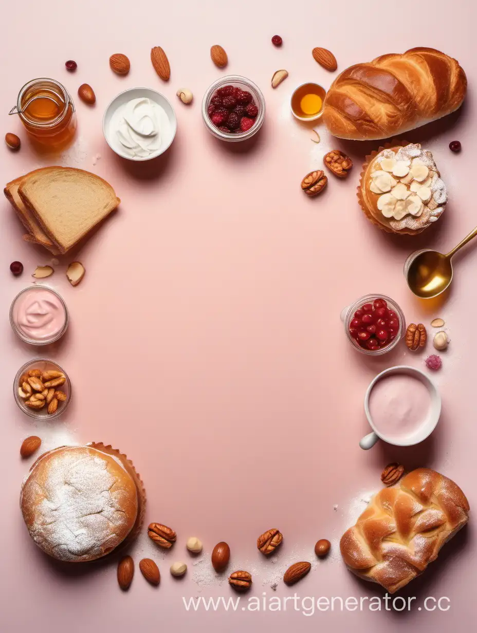 очень бледный розовый фон для меню, по центру пусто, по бокам красиво и вкусно разбросаны бутерброды, сэндвичи, орешки, курники, маффин, ягоды, сахарная пудра, мед с ложкой для меда