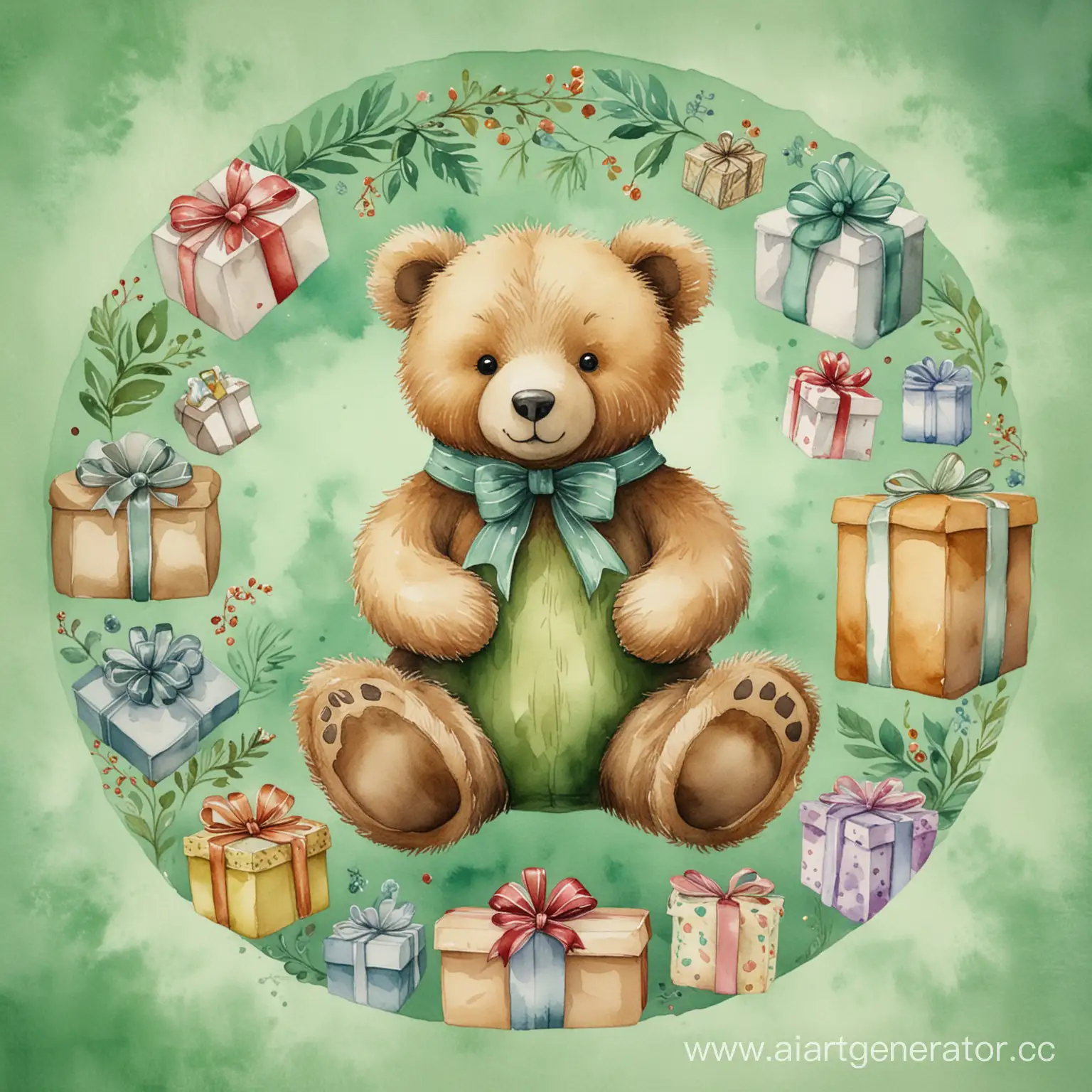 Teddy-Bear-Surrounded-by-Gifts-in-Muted-Watercolor-Style