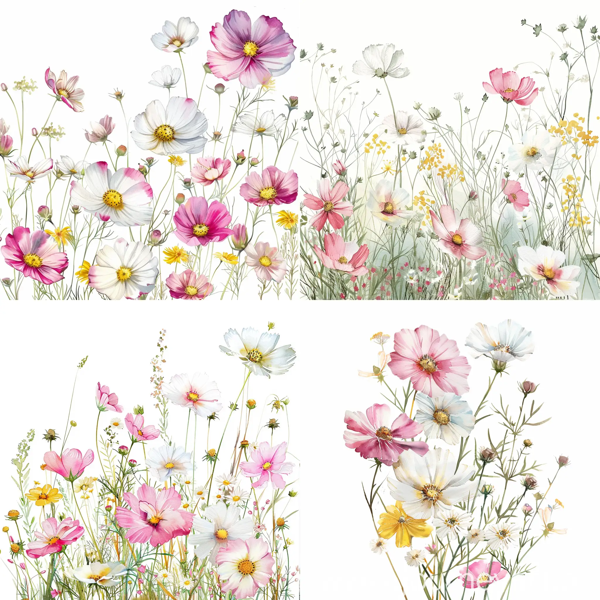 Dreamy beautiful watercolor wildflowers, pink and white and yellow, on white background