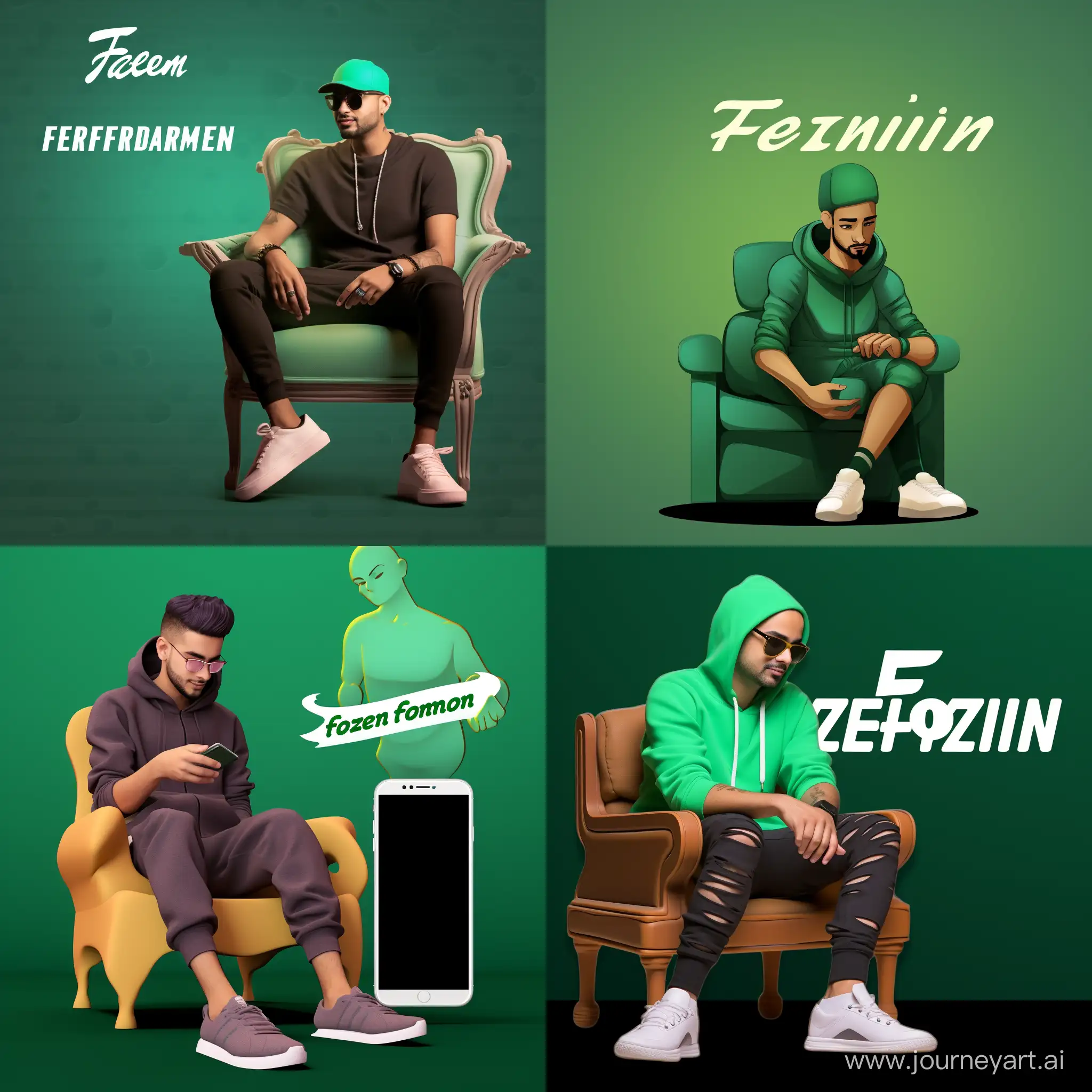 Design a 3d image in which a person is sitting on a whstapp logo wearing casual dress and Jordans. There is a name on the bottom of logo "ZeeForZain" and in the side background there is a whatsapp profile page displaying name "ZeeForZain" About "Finding the Fantasies" and in dp part, similare person is shown.