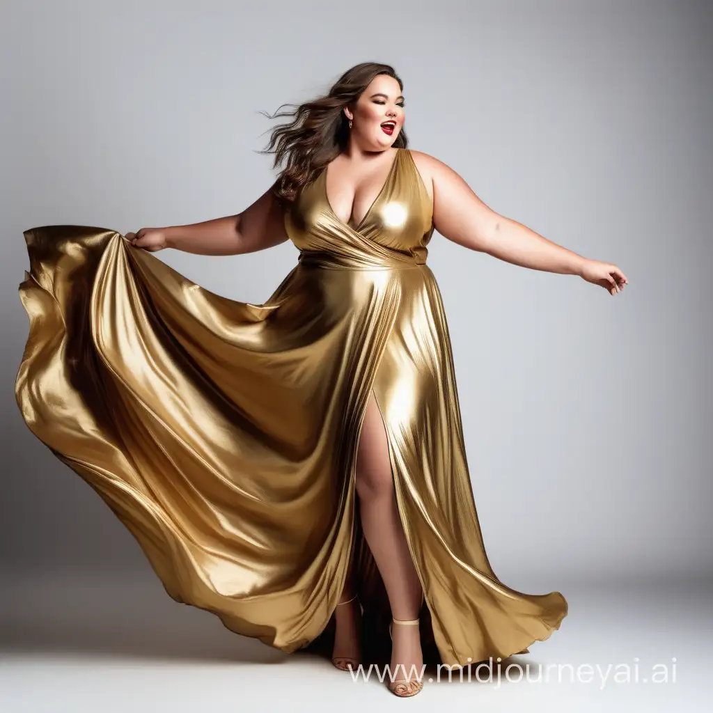 A plus size beautiful model, wearing a gold long dress, dancing