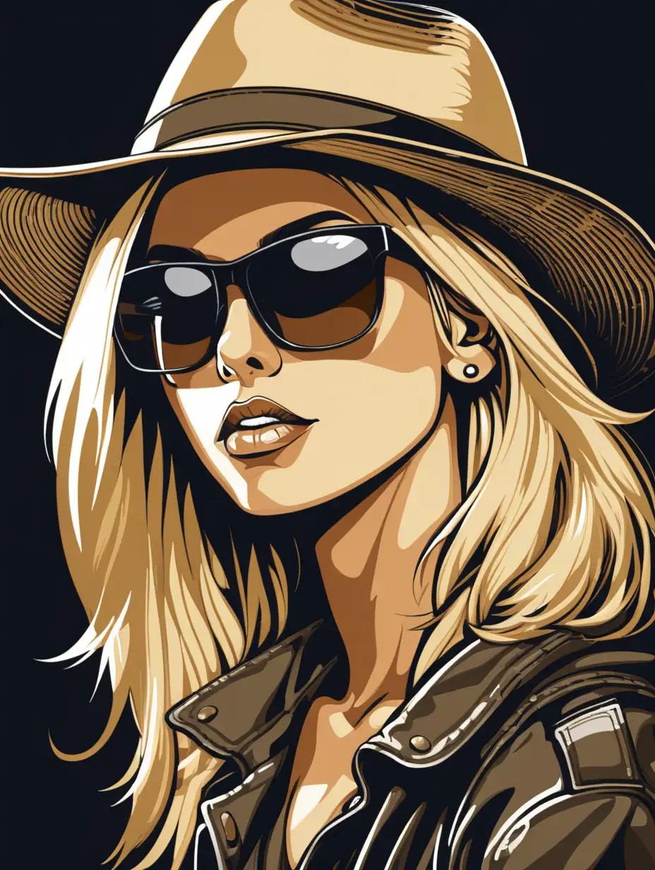 Blond Model in Sunglasses and Sun Hat on Dark Background