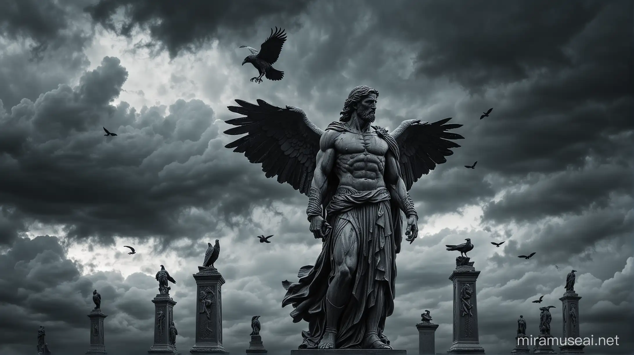 Stoicism, Motivation, stoic muscular statues inside , dark, stoic background horizontal. gray glow of clouds behind the figure of flying ravens