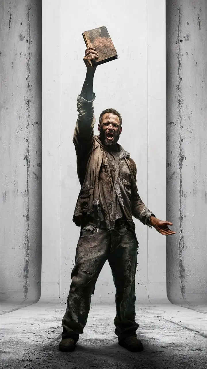 Full body shot of a male post-apocalyptic street preacher standing, holding a bible above his head, white background