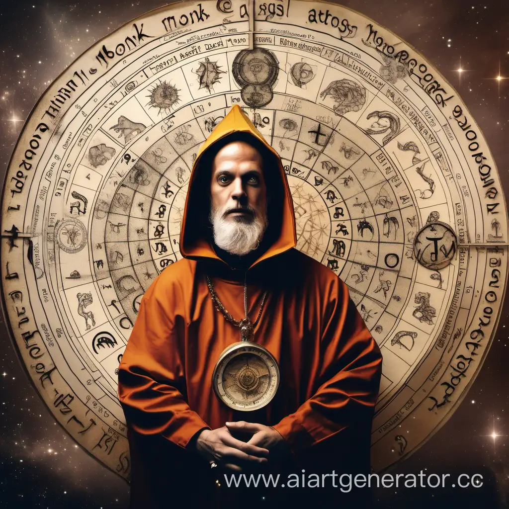 The european monk astrologer in the hood with zodiac signs around the head
