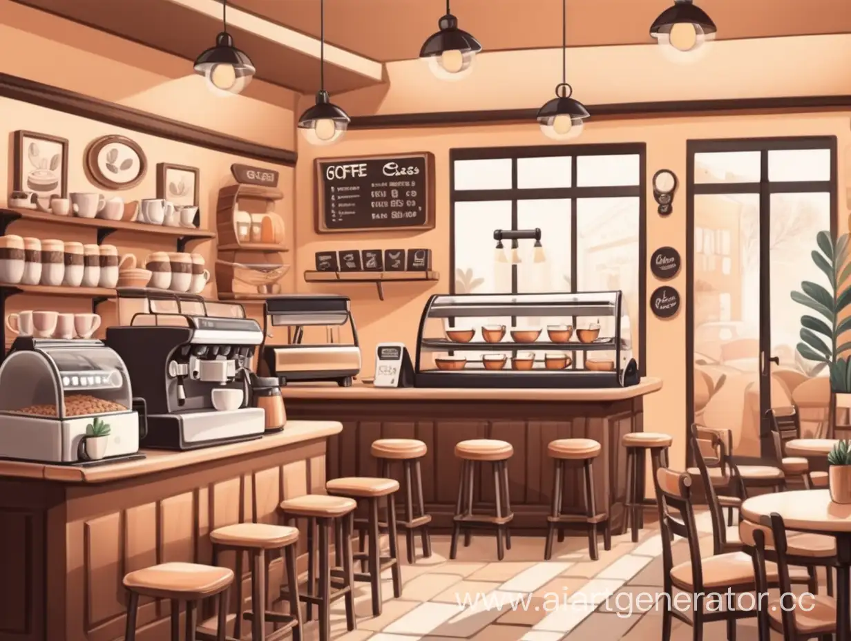 уютная милая просторная кофейня без людей в мультяшном стиле 2d
