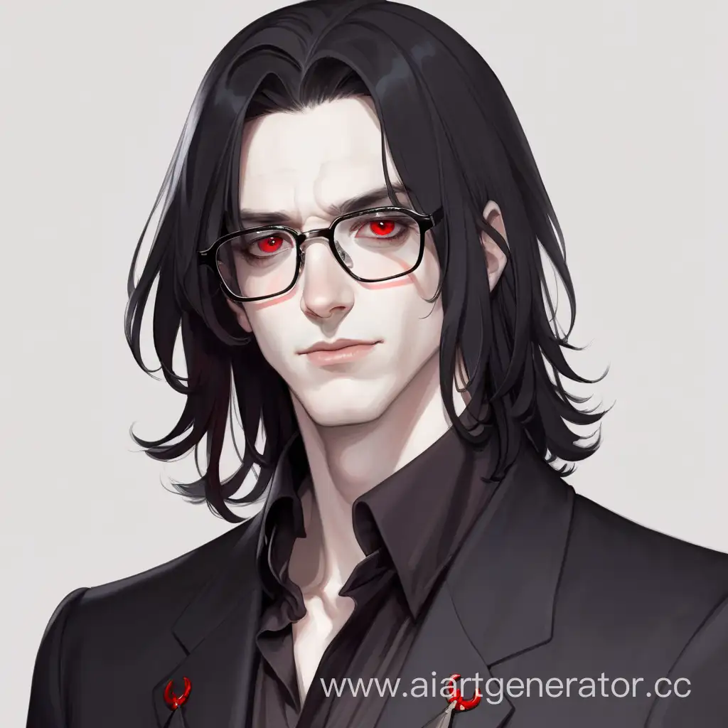 Бледнокожий мужчина в очках с черными волосами по плечи и красными глазами