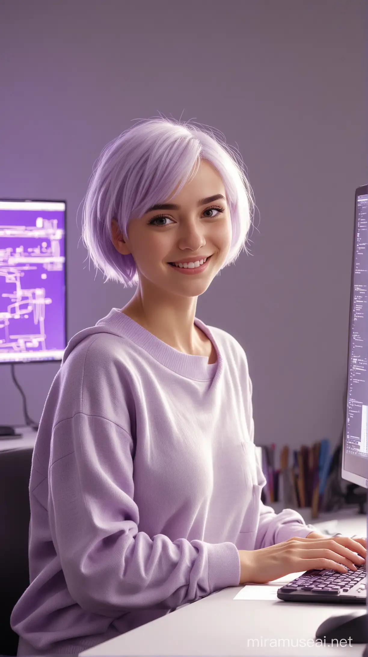 Una chica muy blanca, de altura media, cabello corto con luces de color morado, con una tableta gráfica a punto de crear algo, se ve feliz, está en un estudio de animación con muchas computadoras, usa ropa holgada