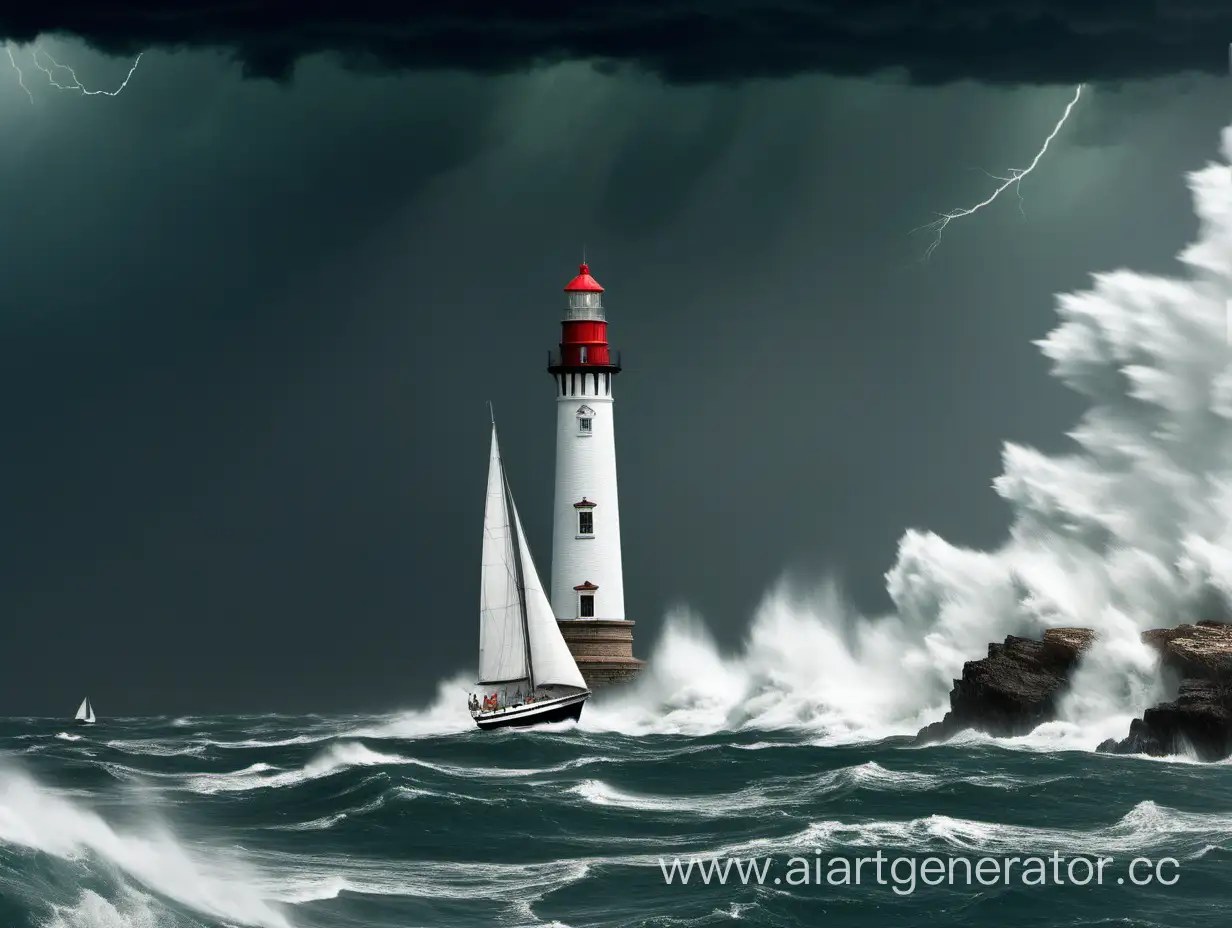Un voilier au large des côtes devant un phare pendant une énorme tempête