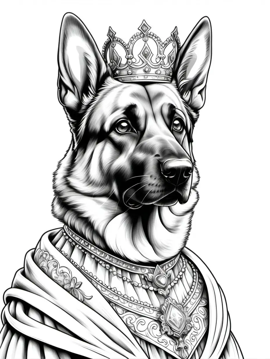 clean black and white, solid white background, highly detailed, Generate an adult coloring book page featuring a German-inspired bust shot of a German Shepherd dog dressed as a princess and wearing a long Royal dress. Shoulders tilted. looking left.