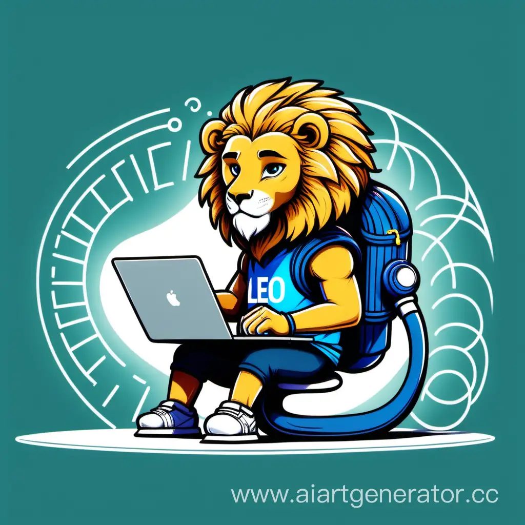 Лев программирует за ноутбуком, все нарисовано в спортивном стиле