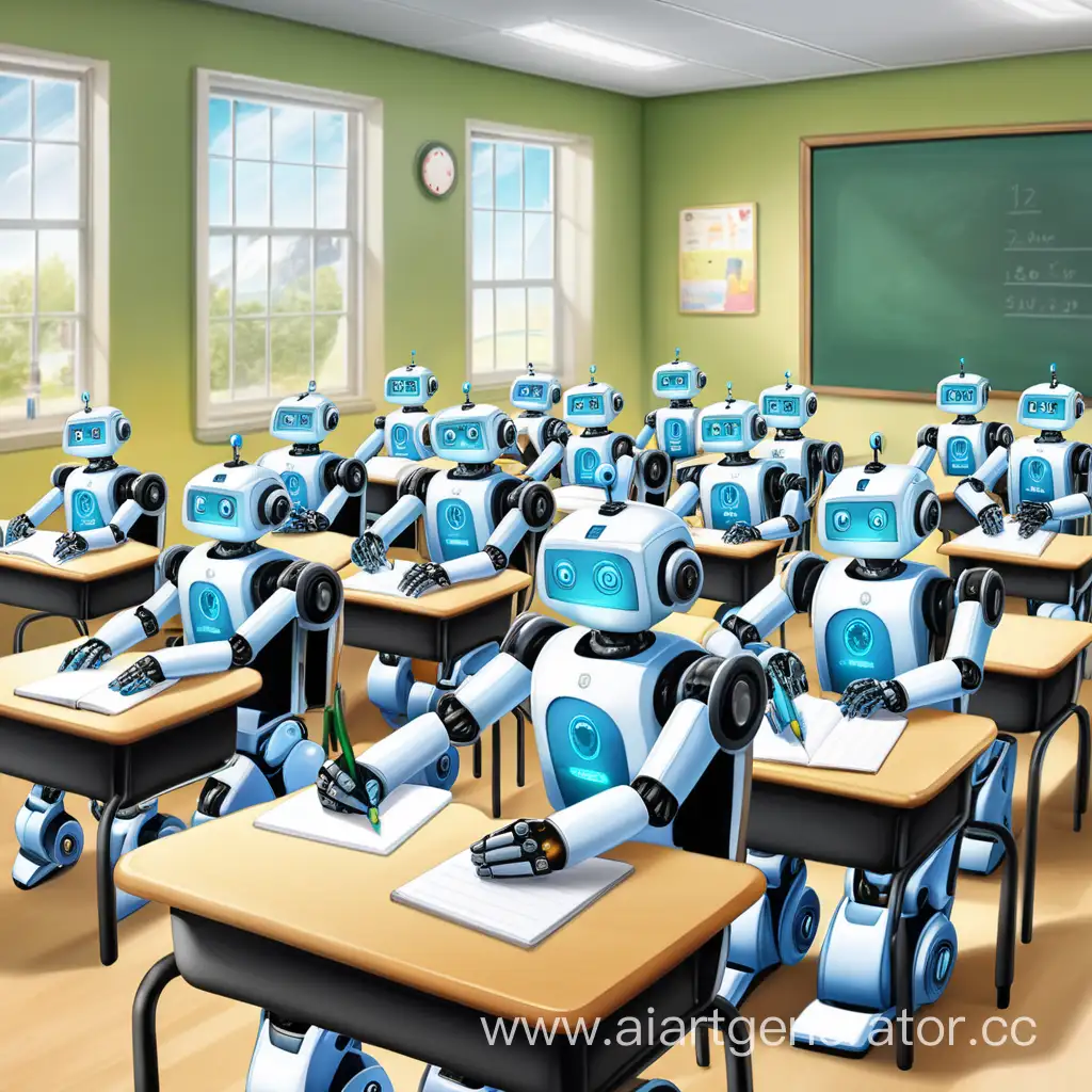 a classroom full of robots doing homework