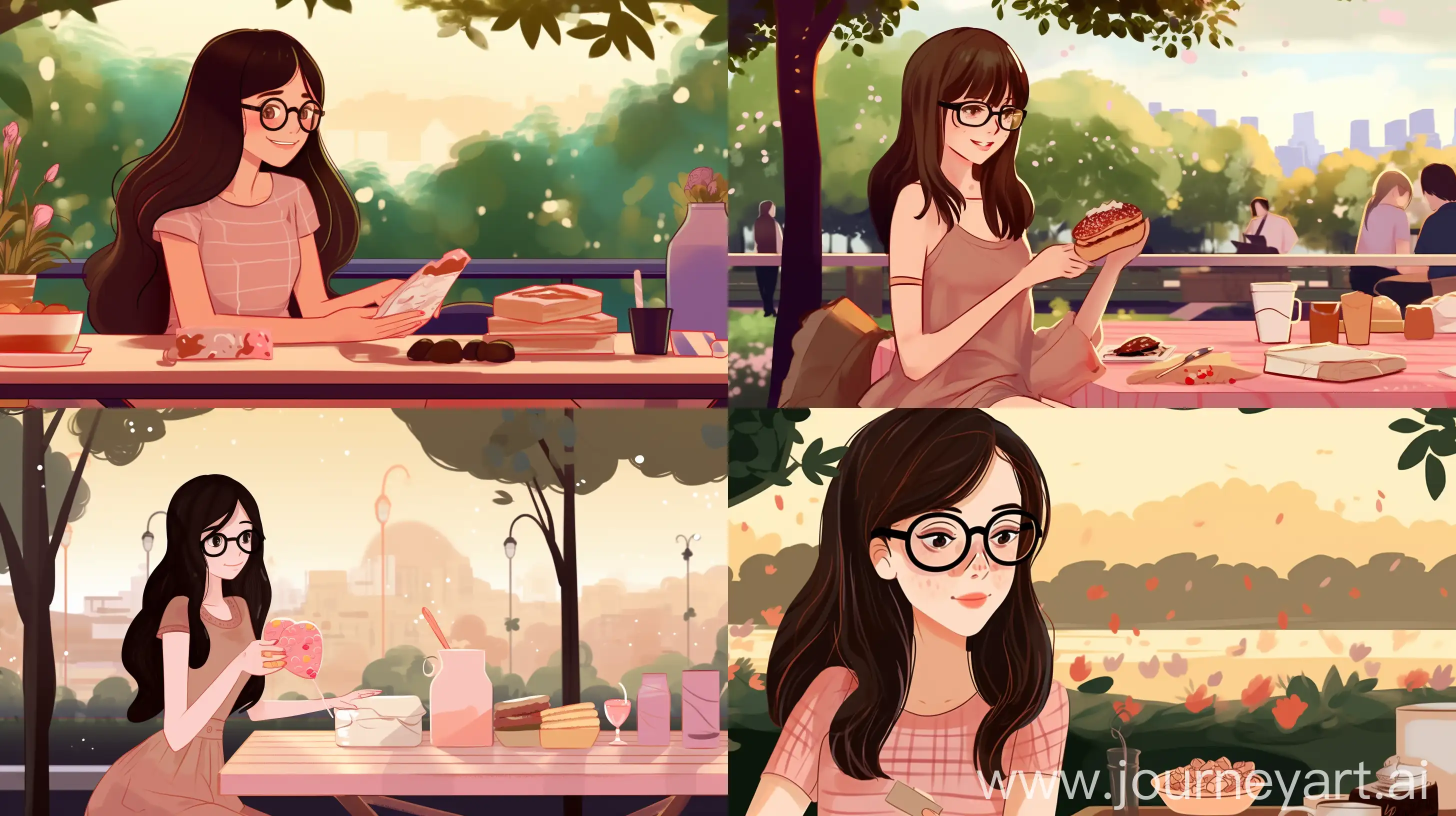 Craft an image featuring a delightful girl with mid-long hair highlighted in shades of honey on her naturally black hair, round spectacles, a slightly plump physique with cute puffy cheeks, and dressed in a delightful pink attire. Position her in a bustling city park surrounded by tall trees, people enjoying picnics, and the sun casting a gentle glow. Convey a lively and energetic atmosphere, capturing the essence of urban life and the girl's cheerful demeanor. Photography, DSLR with a 50mm lens, --ar 16:9 --v 5