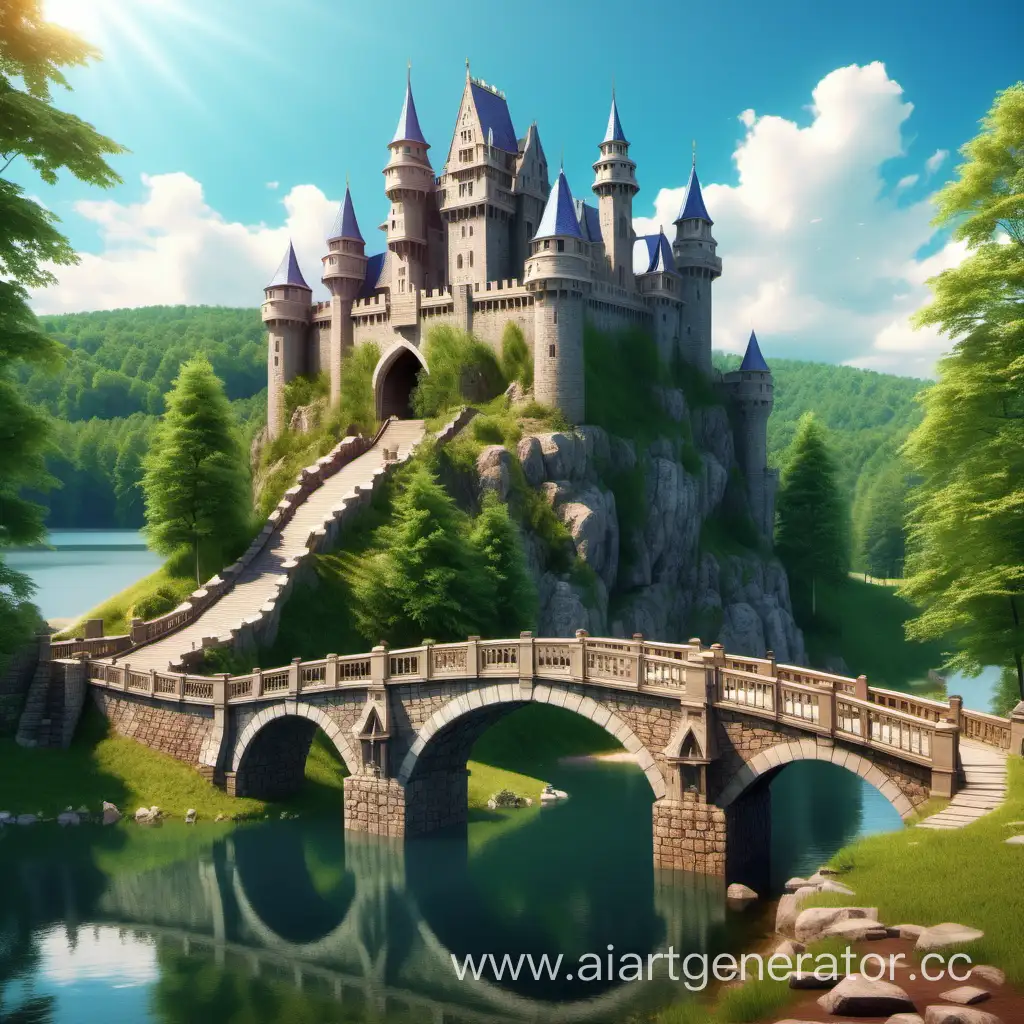 fascinating, realistic, huge, tall, beautiful, bright castle standing on a hill, a beautiful stone bridge, near a forest and a lake, summer