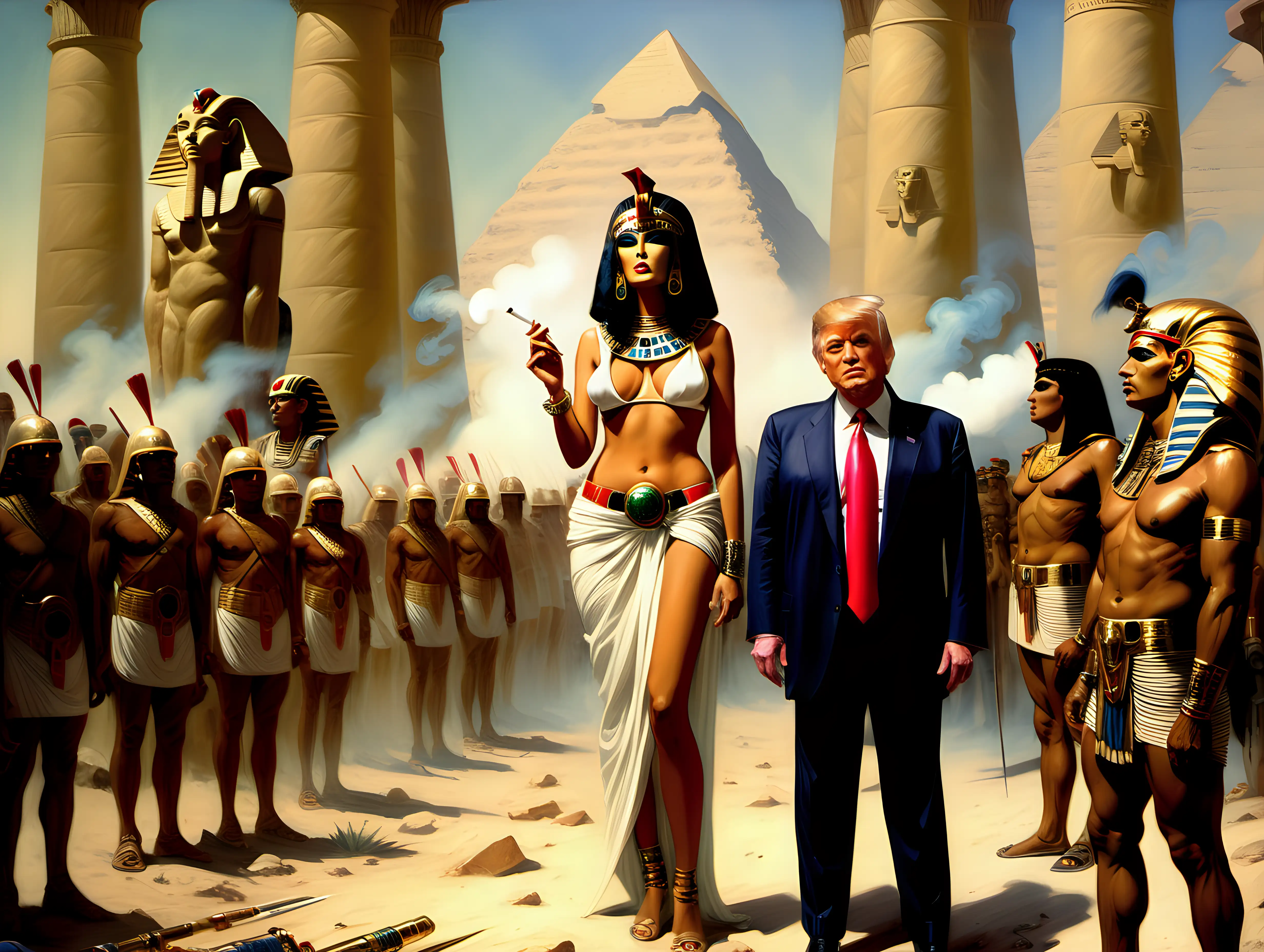 Donald Trump smoking a joint with Cleopatra while inspecting Egyptian troops wide angle shot Frank Frazetta style