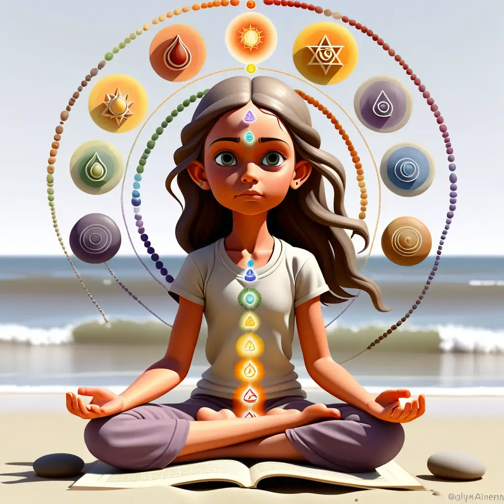 Meditating 10YearOld Girl with 7 Chakras Childrens Book Illustration