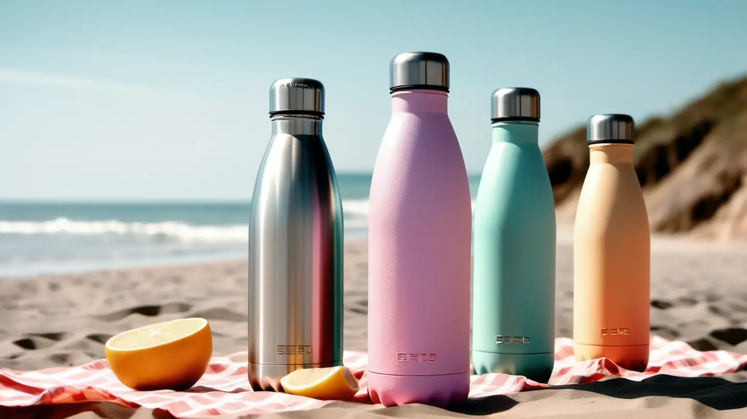 Subject: Stainless steel bottle | Style: Vivid pastels | Setting: Beach picnic | Mood: Radiant and funDetails: pastel, spill-proof lid, medium size | Camera: Low angle | Aperture: Wide | Lighting: Sunlit | Composition: Dynamic asymmetry