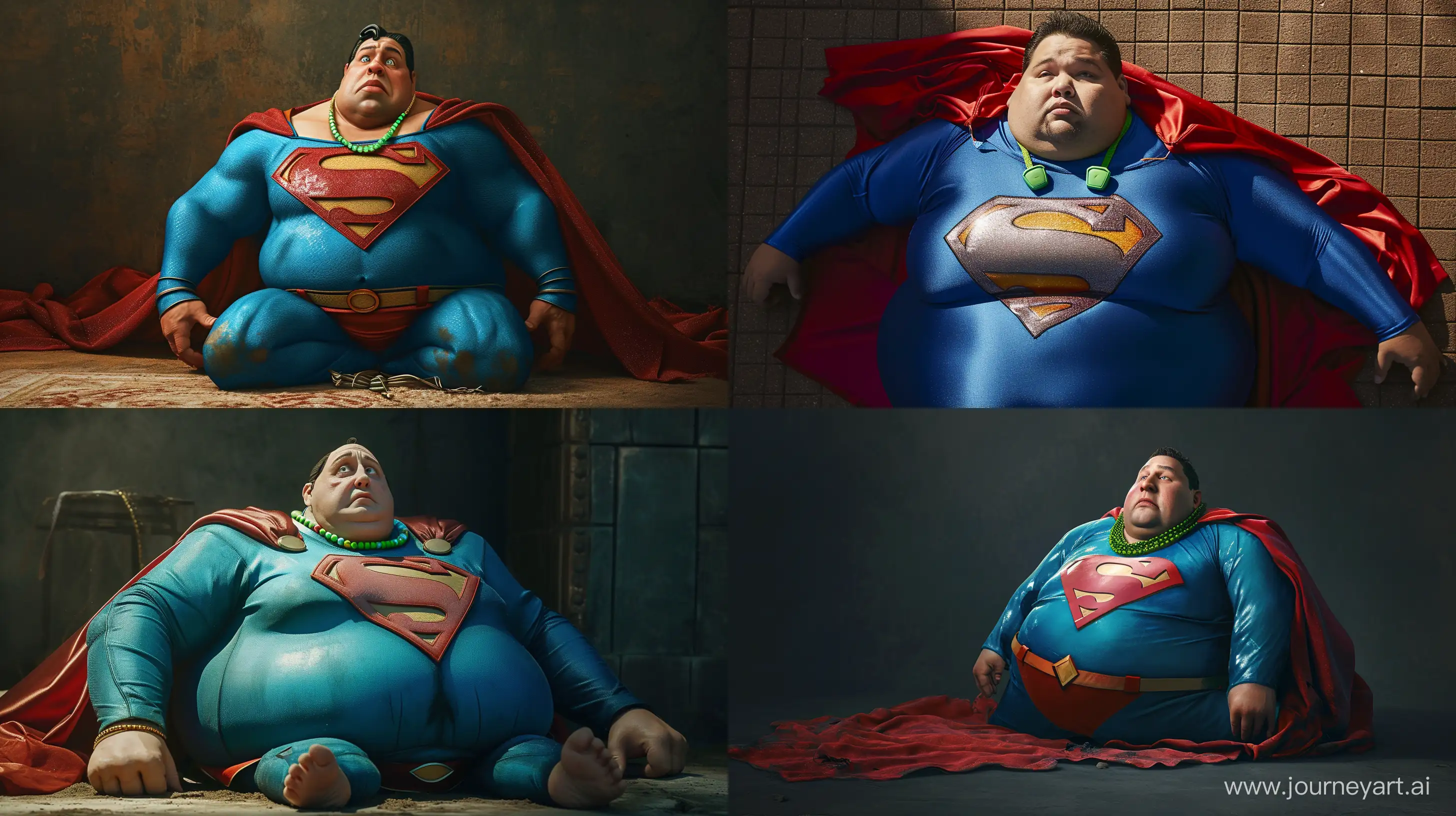 Photo of a chubby man. He is wearing a slightly shiny bright blue superman costume with a big red cape. He is lying on the ground. He wears a bright green necklace. --ar 16:9 --v 6