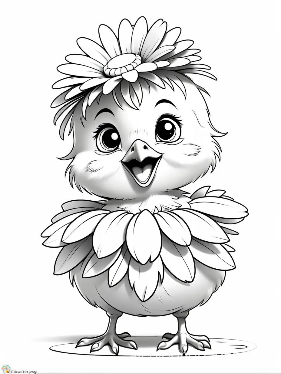 Cheerful Chick: A little chick with a flower accessory., Coloring Page, black and white, line art, white background, Simplicity, Ample White Space. The background of the coloring page is plain white to make it easy for young children to color within the lines. The outlines of all the subjects are easy to distinguish, making it simple for kids to color without too much difficulty