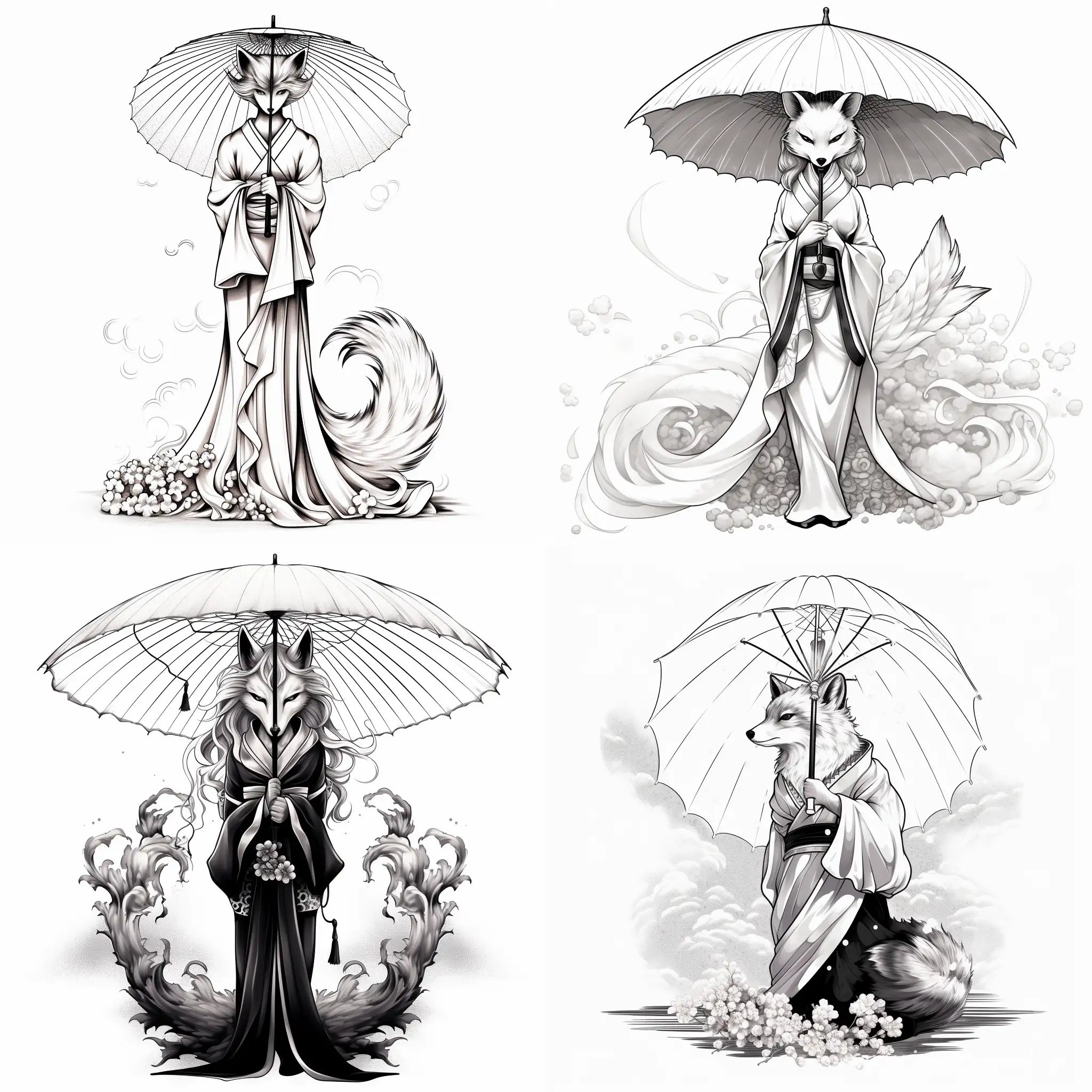 Kitsune-in-Japanese-Dress-Balancing-on-Umbrella-with-Fox-Tails-Monochrome-Graphic-Sketch