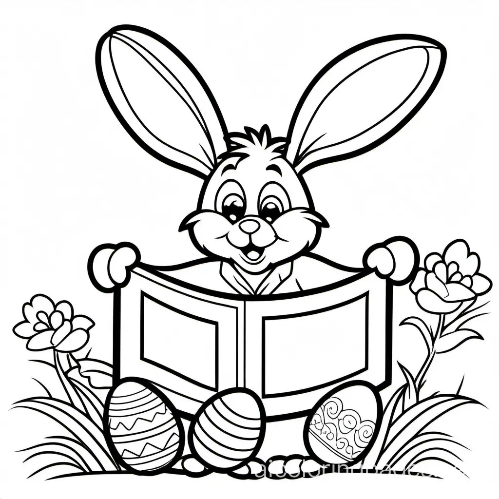 easter bunny holding up a banner, Coloring Page, black and white, line art, white background, Simplicity, Ample White Space. The background of the coloring page is plain white to make it easy for young children to color within the lines. The outlines of all the subjects are easy to distinguish, making it simple for kids to color without too much difficulty