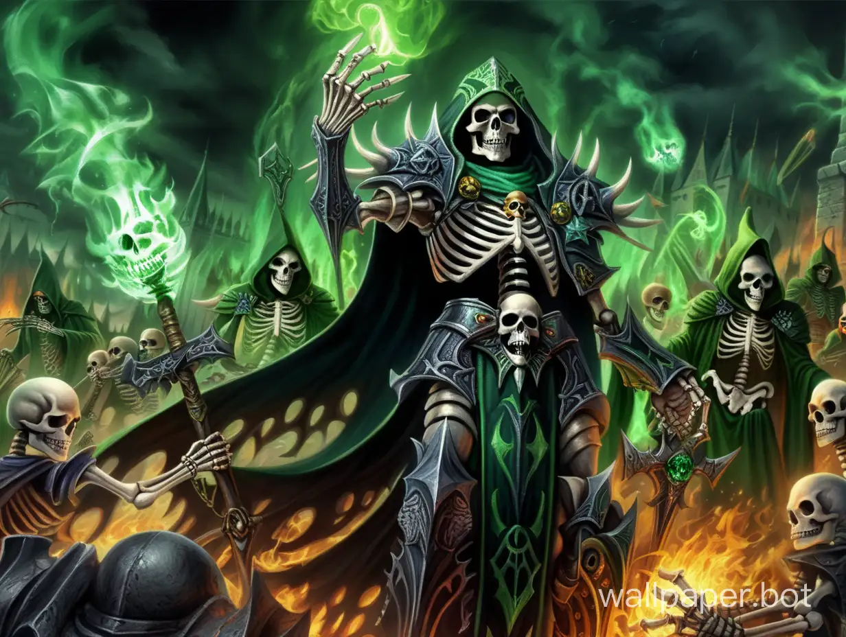 death wizard and skeleton army, green fire from hell, really dark night, magic patterns, dragon, 