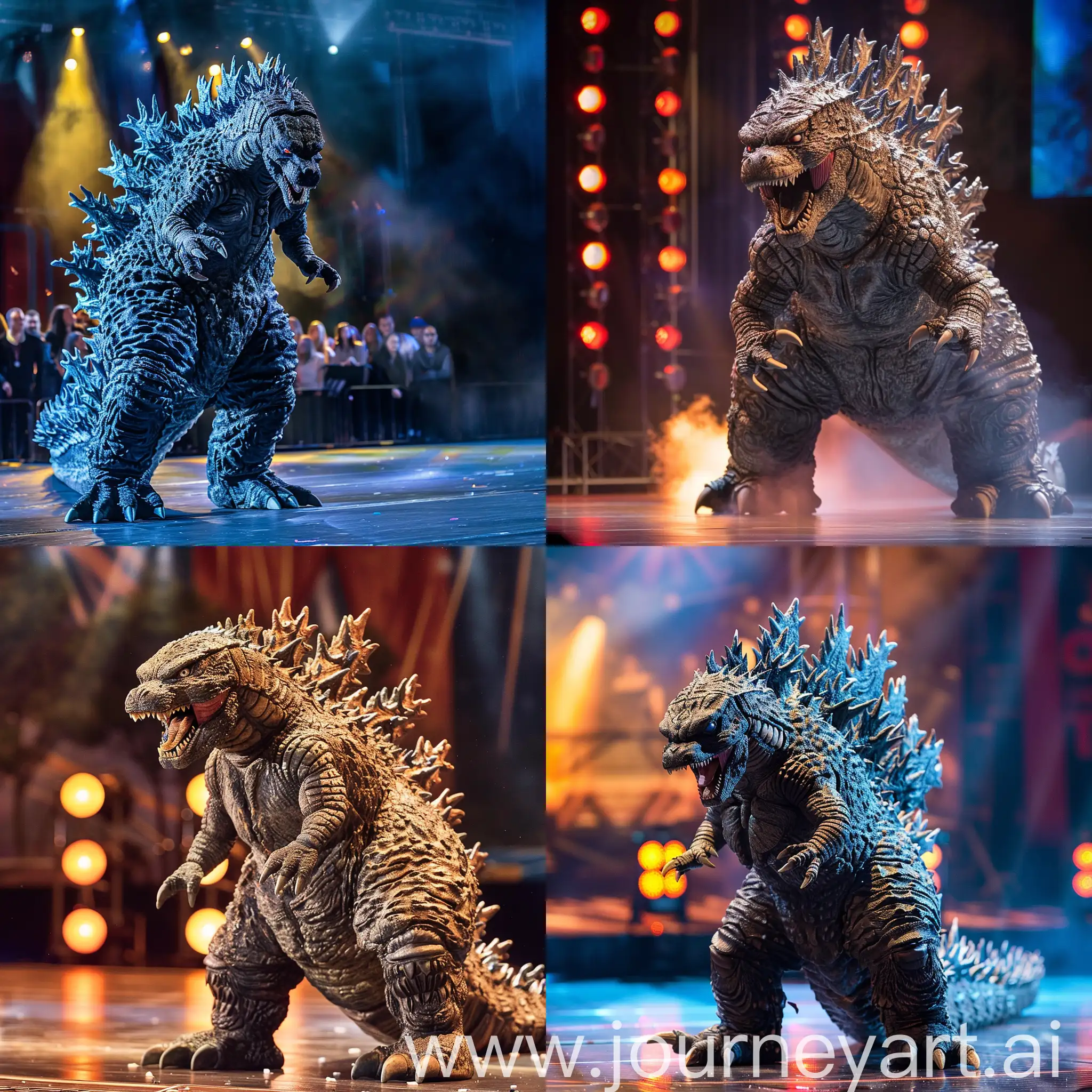 A Godzilla is attacking the audience in the Got Talent arena - totally real