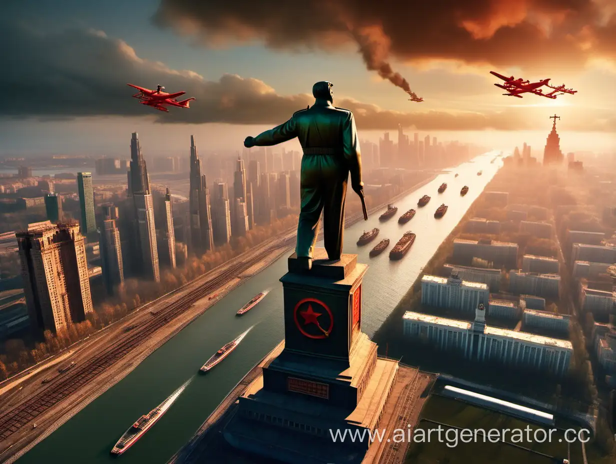 Статуя Сталина возвышается над мегаполисом, заря, горят огни, летают дроны, едут поезда, плывут корабли, наступает коммунизм
