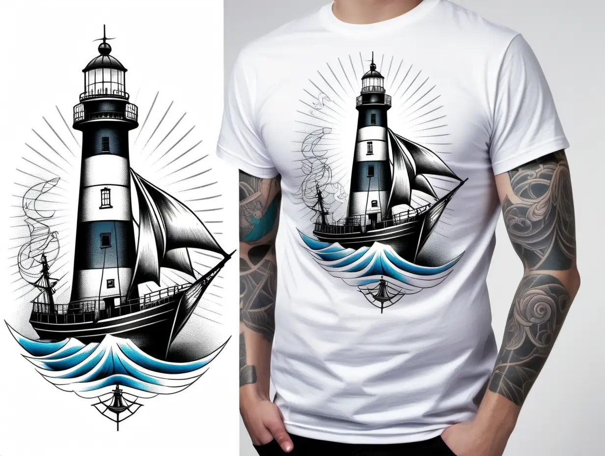 Nautical Tattoo Design Vintage Sailing Ship and Lighthouse on White Background