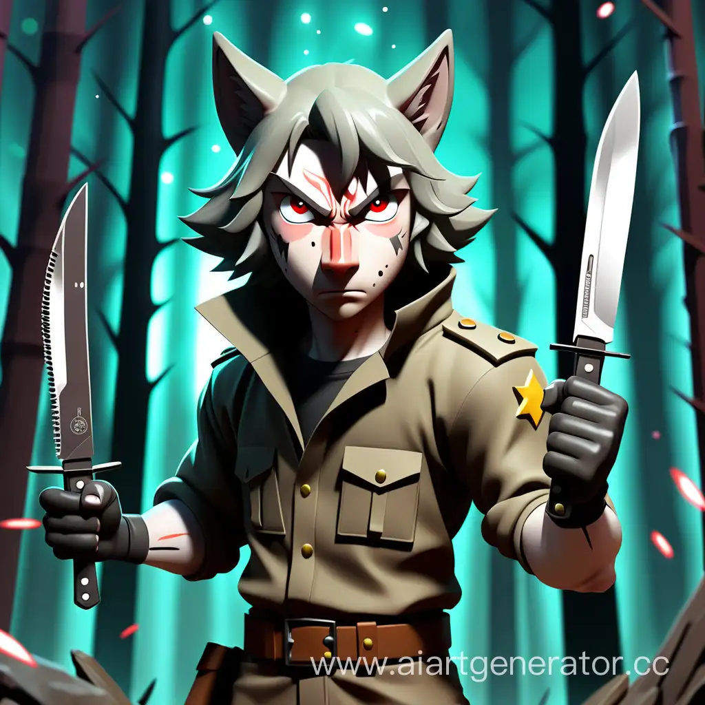 Anime hero, two knives on two hand, near wolf, stars, forest, and enemy around