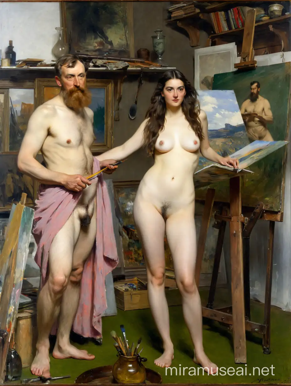 Old Artist Painting with a Young Nude Model in Studio