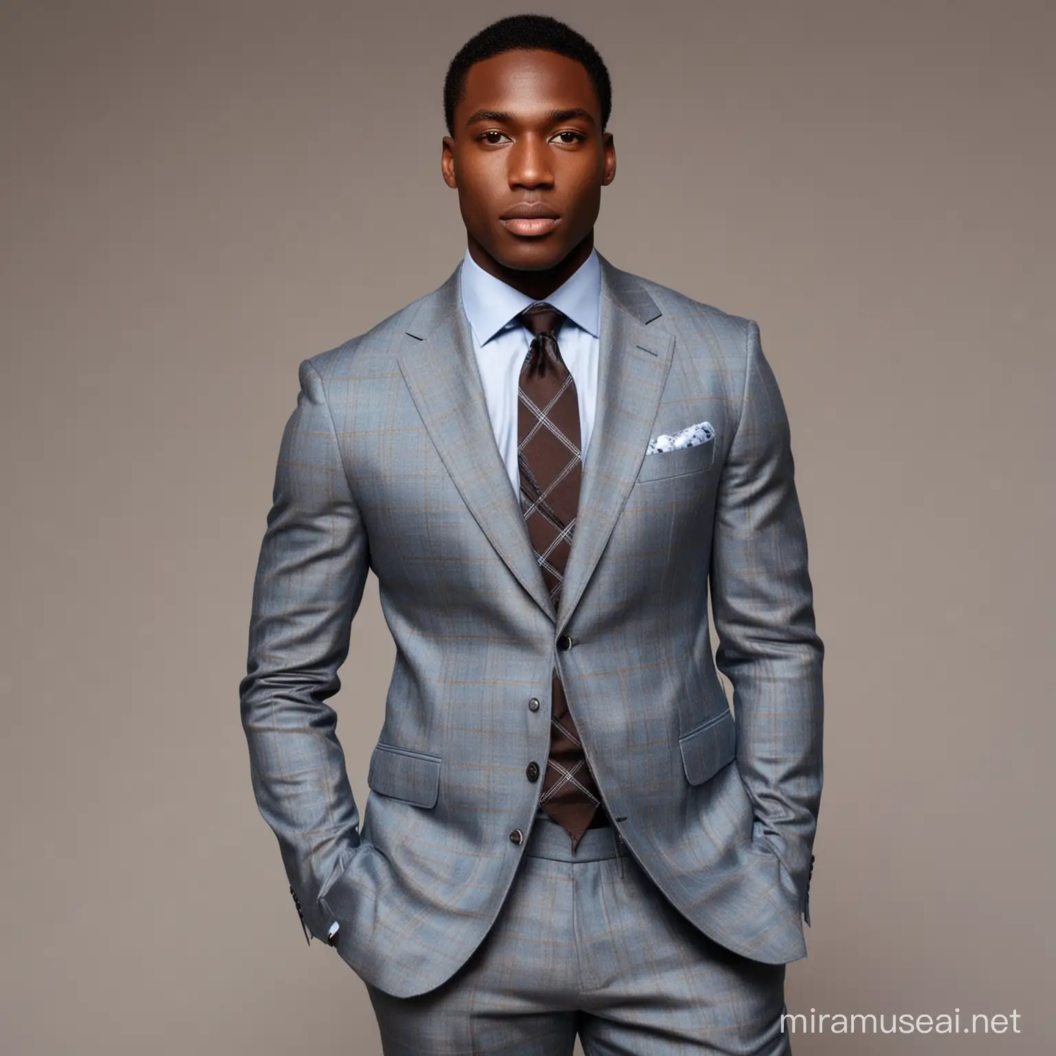 A black guy model wearing a suit. This suit is light blue with chocolate plaid. He is wearing "black silk shirt" with black silk tie. He is looking sharp