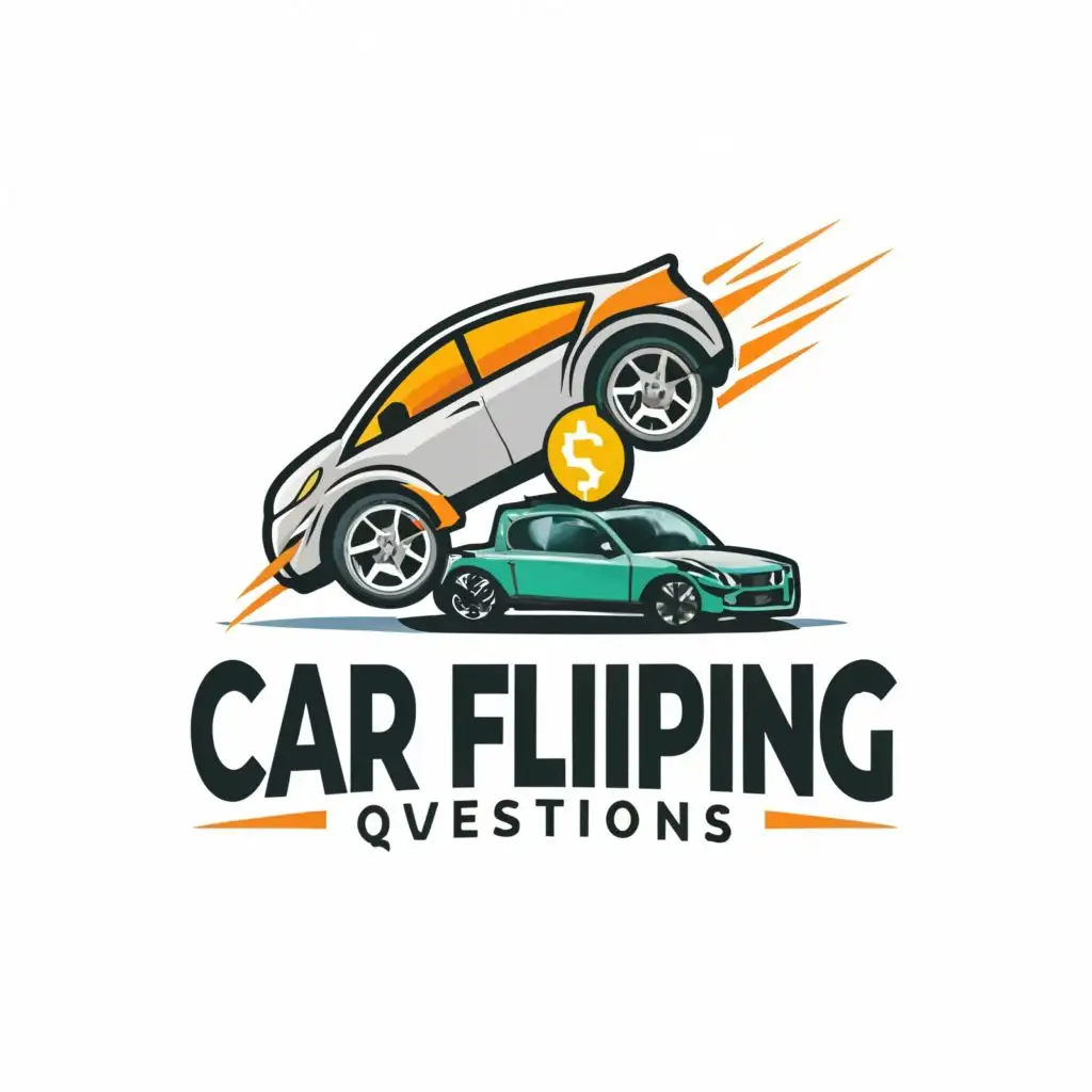 logo, Logo with a car being flipped an money in logo., with the text "Car Flipping Questions", typography, be used in Automotive industry