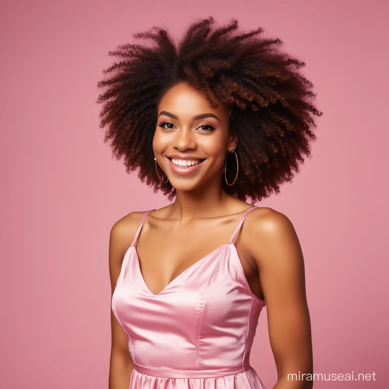 Beautiful afro american woman smiling in pink party dress