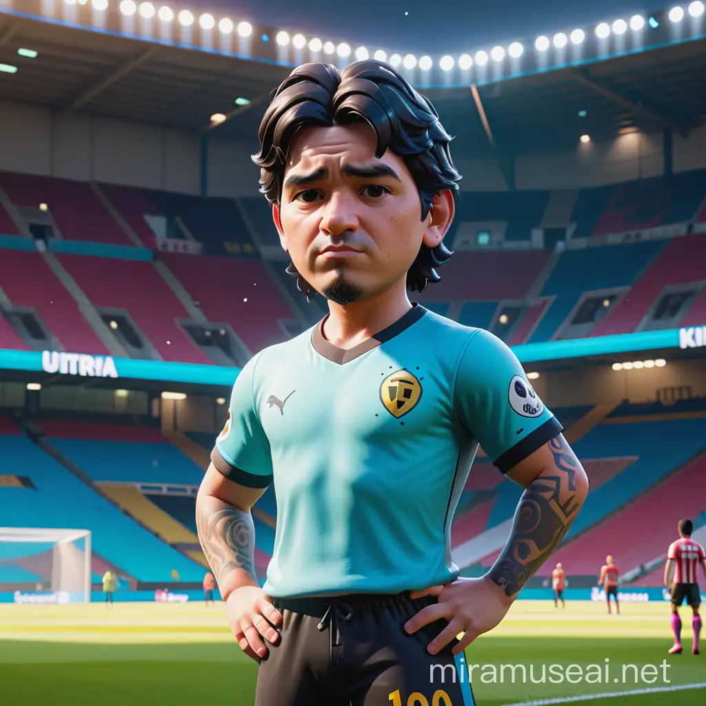 https://www.kolpaper.com/wp-content/uploads/2020/11/Diego-Maradona-Wallpapers.jpg A cartoon character in fortnite style, similar to Diego Maradona from the waist up, in a football shirt , looking badass, neutral face, 3d render style, slightly anamorphic, in front of stadium soccer , looking into the camera, face clearly visible, dvd screengrab UHD, cartoon, ultra detail, intricate details, volumetric lighting, 3d model, fake, photography, digital art, 8k, future, Cinematic, Photography, Ultra Wide Angle, Depth of Field, hyper de tailed, insane details, intricate details, beautifully color graded, Unreal Engine 5, Cinematic, Videogame, Fortnite Shot on 25mm lens ar 9:16