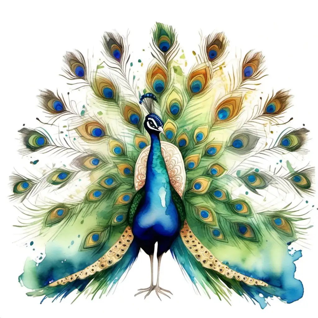 Peacock watercolour painting artwork beautiful magical enchantment welcoming friendly white background clean white border background 