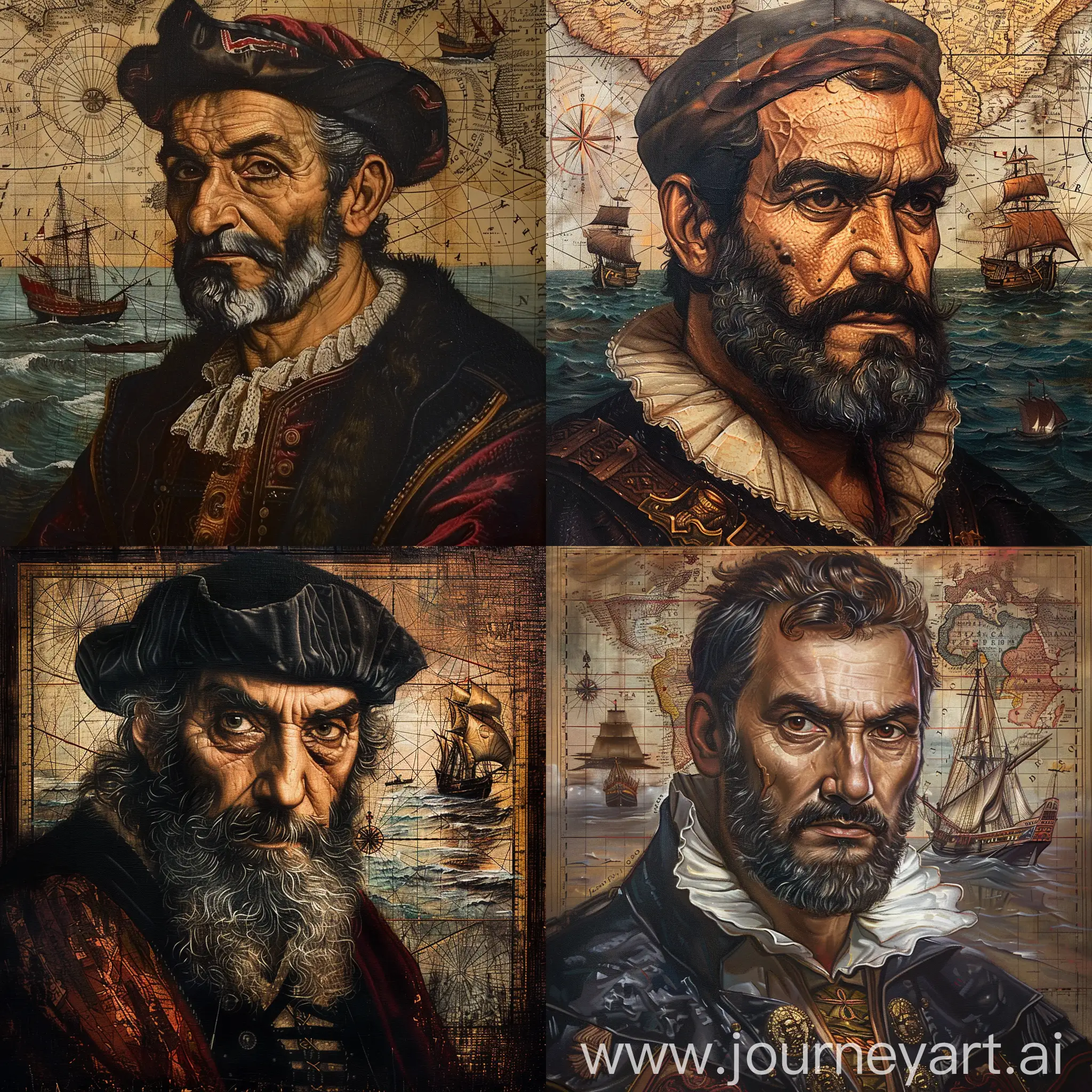 Realistic portrait of Vasco de Gama, Portuguese explorer, in Renaissance style, intricately detailed, oil painting technique, historical accuracy, period-appropriate clothing and ships, intense gaze, detailed facial features, vintage map backdrop, 16th-century aesthetic, textured canvas feel --s 150 --ar 1:1 --c 5