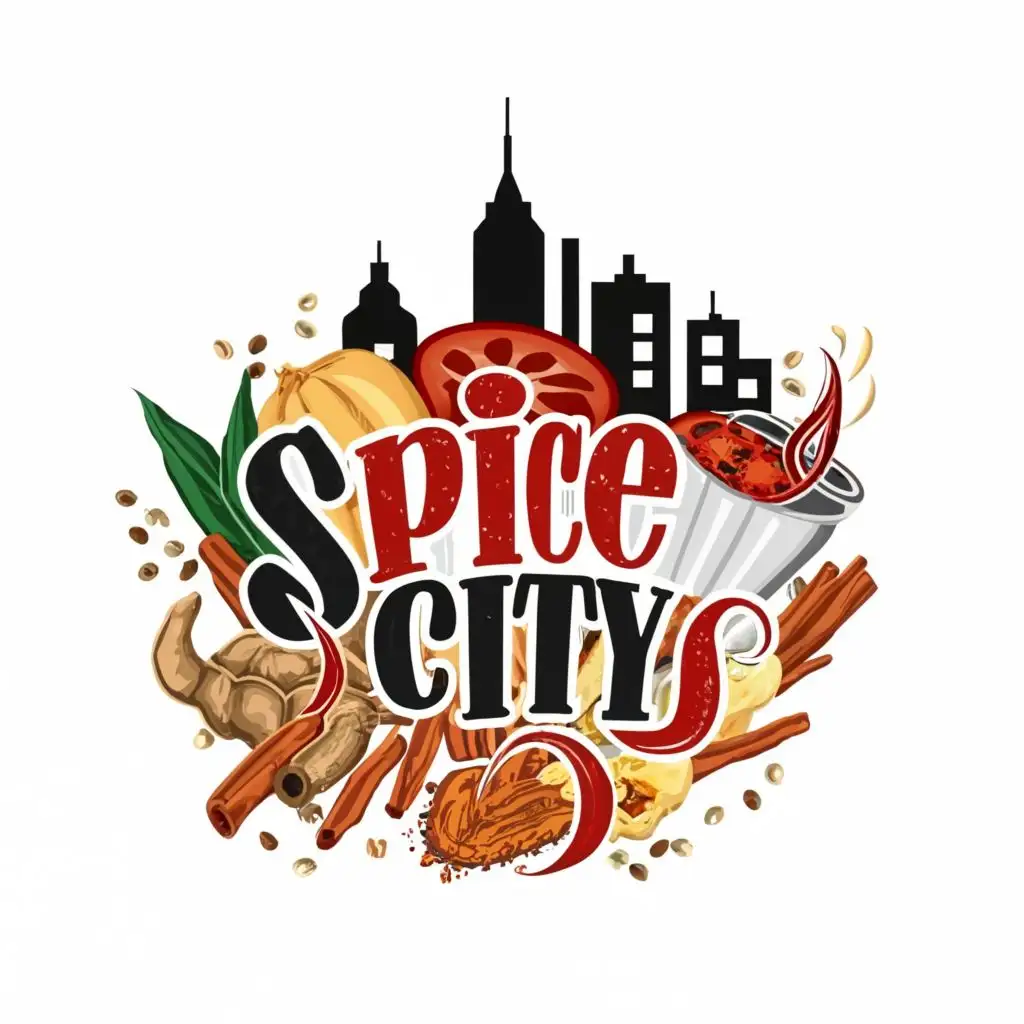 logo, city and spices, with the text "Spice City", typography, be used in Restaurant industry spicy colors like red orange and black. make it creative and unique
