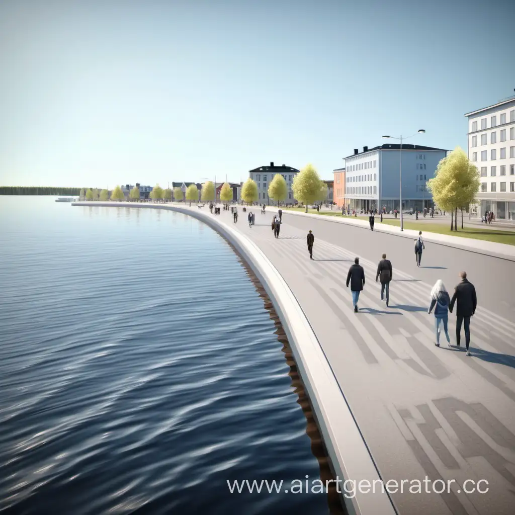 sunny realistic  sea embankment, finland sea small north town, modern architecture with people

