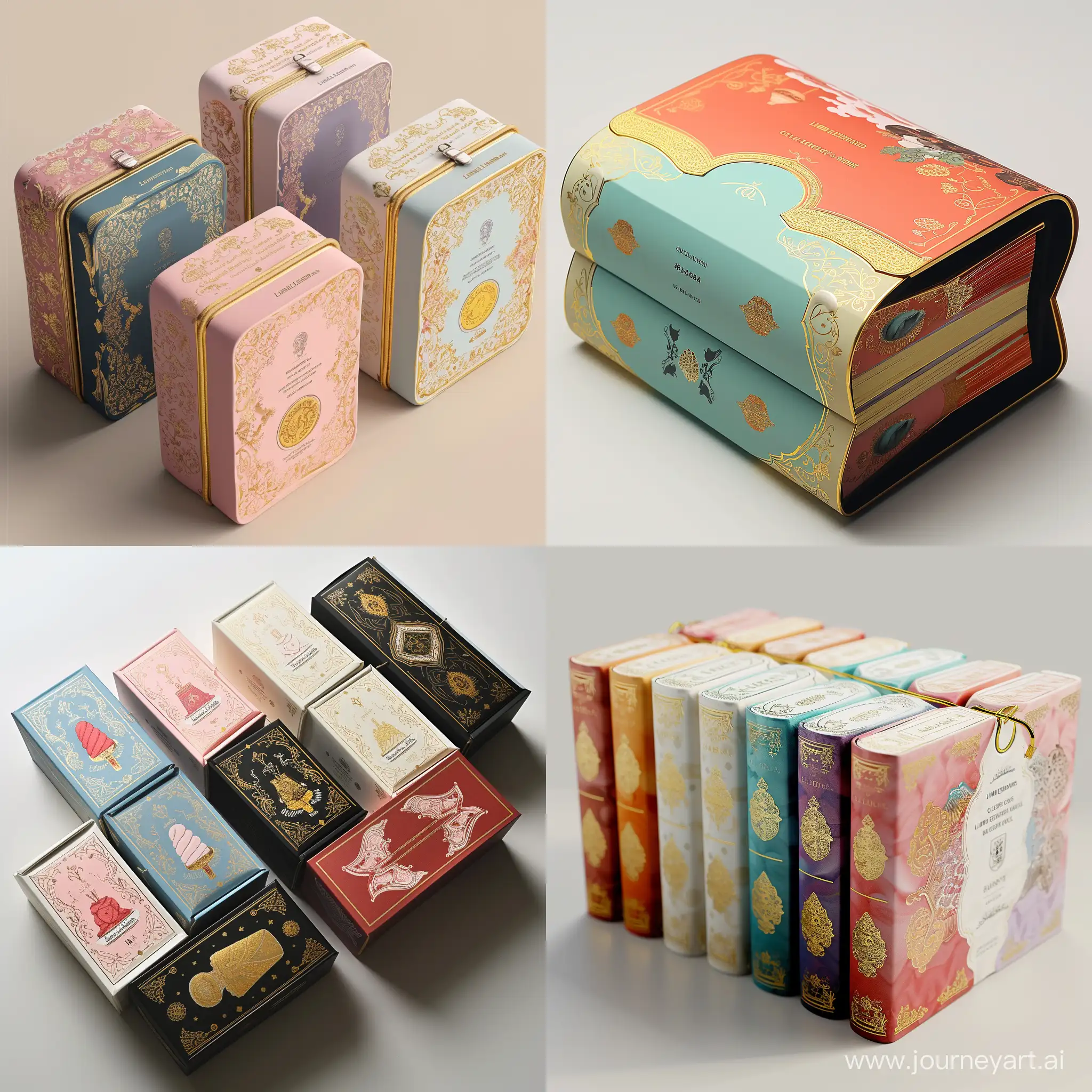 imagine an image of :Limited Edition Collector's Series "Design a book-shaped ice cream box with a magnetic closure, dimensions 18cm x 12cm x 4cm. The artwork and themes, varying with editions, should reflect Persian culture. Use varying colors for each edition with gold foil stamping on the 'spine' and 'cover'. The material should be sturdy cardboard with a fine paper finish. Each edition should come with a numbered certificate of authenticity."realistic packaging design