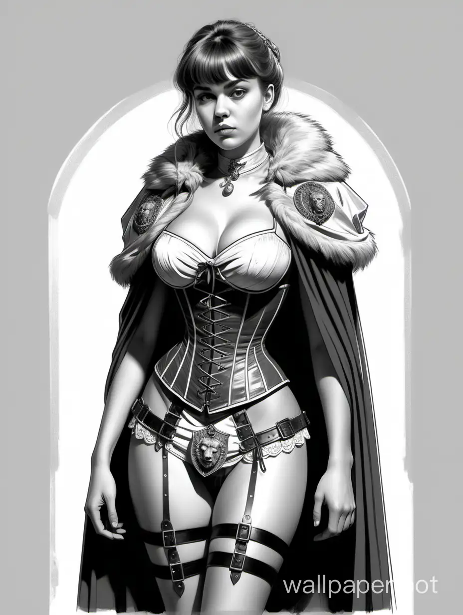 Young Irina Chashchina, Russian investigator, short light hair with bangs, large breasts of size 4, narrow waist, wide hips, bare chest, corset with lacing and a lion head ornament, skirt with metallic overlays, on the right shoulder a short cloak, black and white sketch, white background