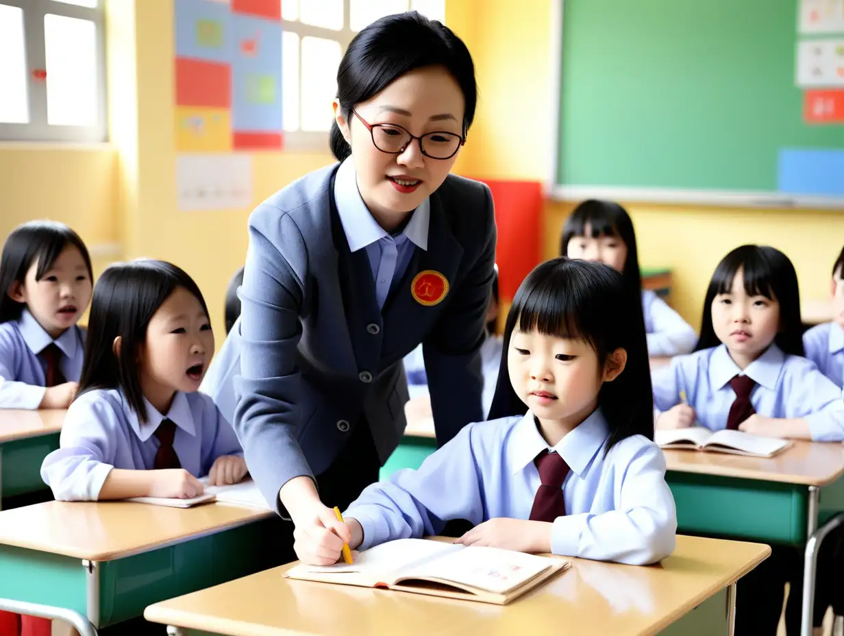 Caring Chinese Primary School Teacher Guiding Students in Learning