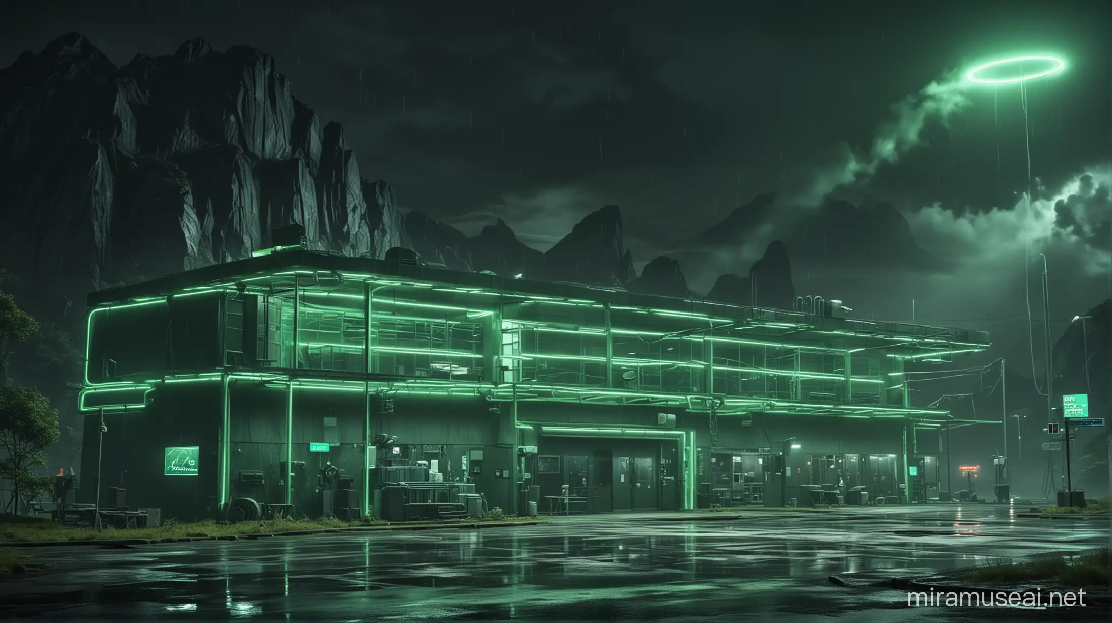 Realistic research centers with one worker around it, green neon and huge neon lights inside the part, its color shadow on the floor, Rainy weather, staff in dark green uniforms and helmets, Atmospheric and cinematic, The huge structures, A dark green smoke rose from the research centers environment and spread in the air, The image space is outside the realistic research center.
with huge satellite antennas,
A huge cubic green neon object,
in the Realistic mountains.
atmospheric and cinematic.
All overall dark green image theme.
Very big lights and lots of green neon lights.
The neon lights in the image should be very bright throughout the image.
The neon lights in the picture should be very bright in the dark
The neon lights in the picture should be very bright.
Very large and bright neon lamps in the structure.
Shades of green throughout the image.
3D.