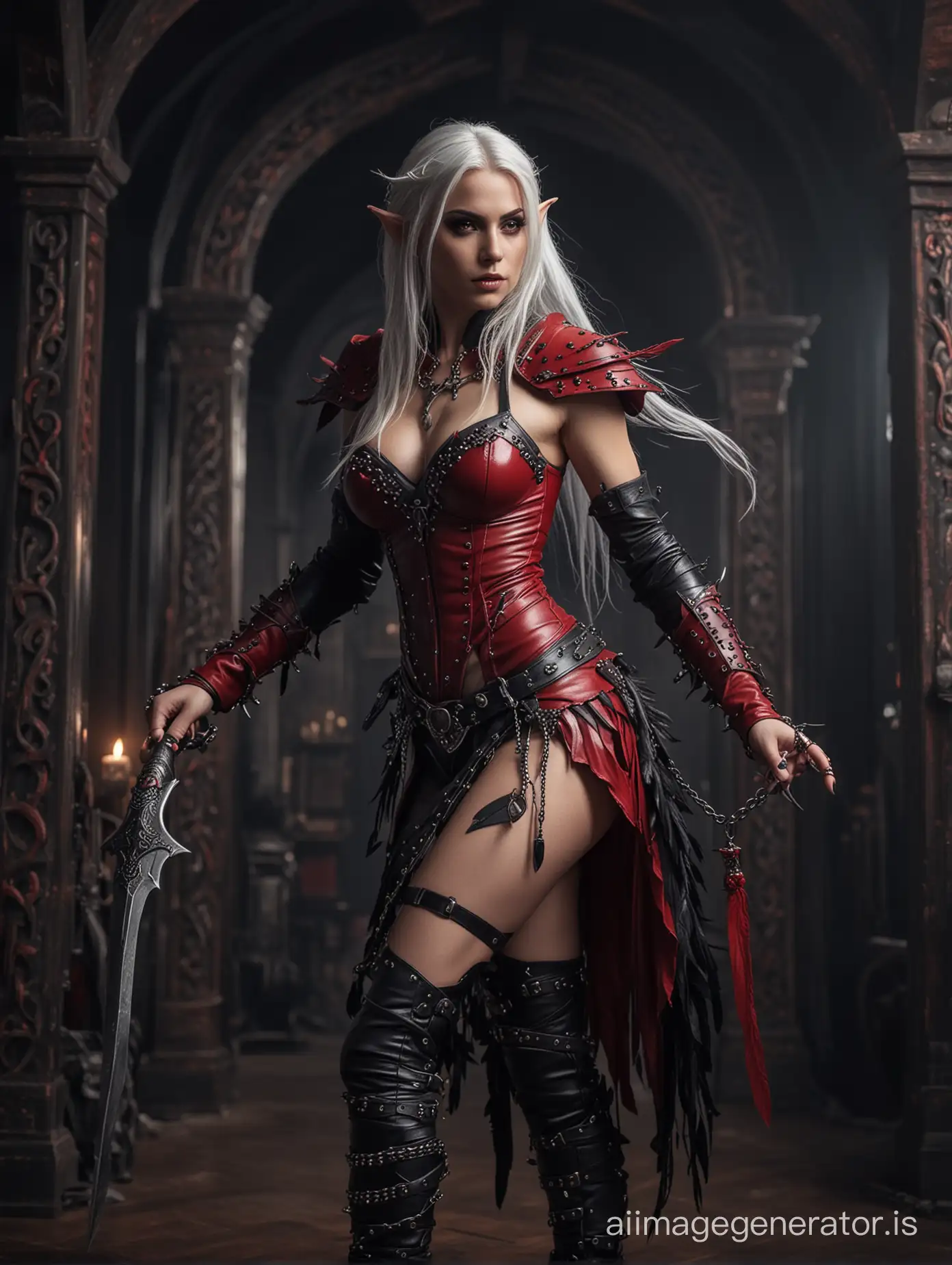 Young thin sexy female elf with very long white hair, grey skin, lots of body red tattoos, black glowing eyes and lots of running eye makeup. Wearing red studded leather armor with spikes and black feathers and red ribbons. carrying  dagger and chains. setting on a throne with dark shadows in the background