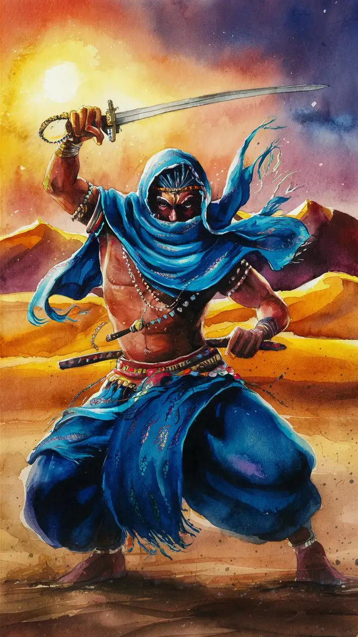 A watercolor painting of a north African Sahara desert tuareg tribe warrior wearing blue scarf and hiding half is face with that scarf doing a warrior dance with his sword in the middle of the dessert 