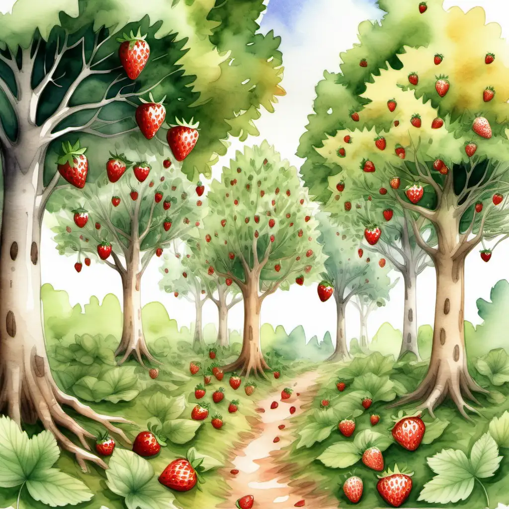 malovaná ilustrace,realistické stromy, akvarel styl, listnaté stromy, sad listnatých stromů, na kterých rostou rostou jahody, dole je zelená louka, na louce není ani jedna jahoda, všechny jsou na stromech. Smyslem obrázku je, aby děti nad obrázkem přemýšleli, co je špatně.
