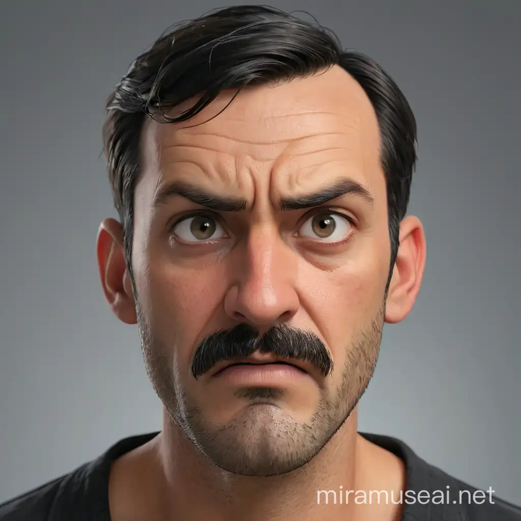 A 40 year old man with short black hair slicked to the right side, high forehead, large nose, thick black mustache and thick short beard is very frightened, looking away in amazement. He has large dark eyes. In realism style, 3D animation.